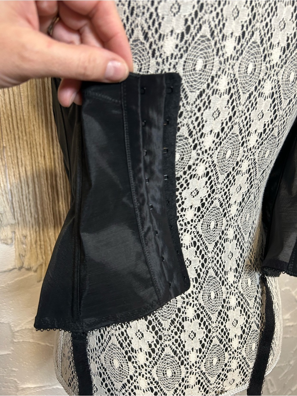 Vintage-Inspired Black Satin Lace Corset Top with Garter Straps Elomi Sz 34F - Picture 9 of 15